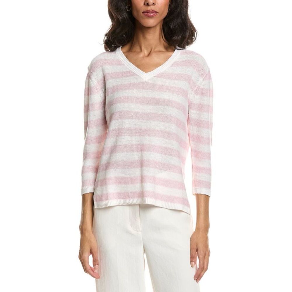 Forte Womens  Beach Stripe V-Neck Linen Sweater, White